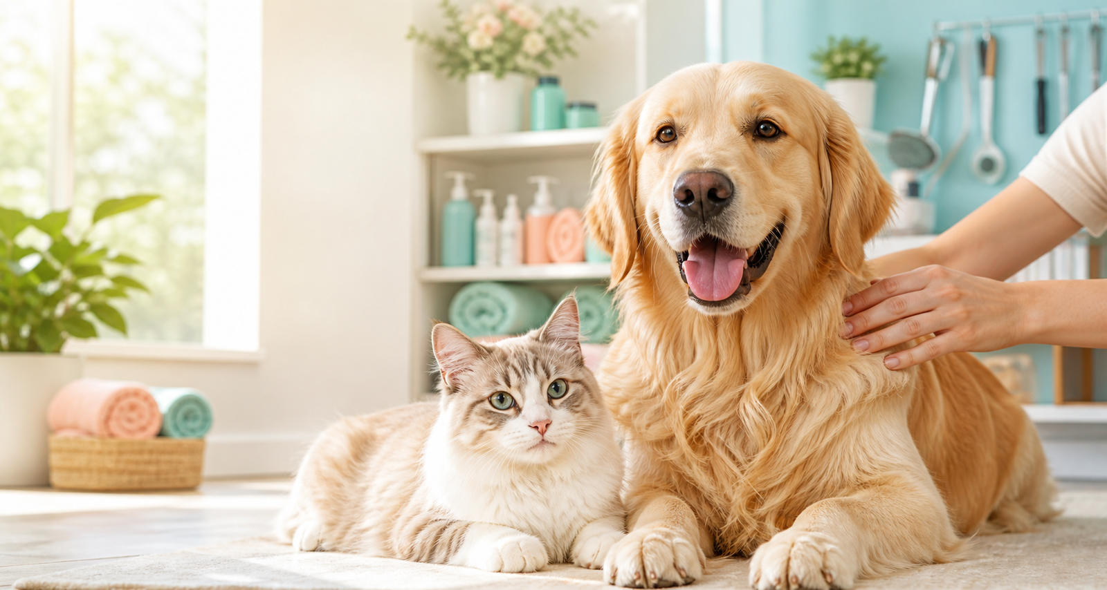 Happy dog and cat in a bright pet care setting